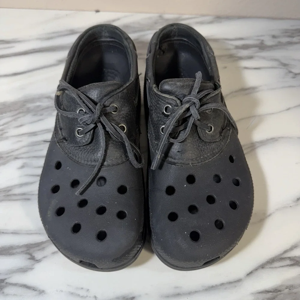 Crocs Islander Pitcrew Sport Boat Shoes Mens 9 Black Leather‎ Upper Lace Up